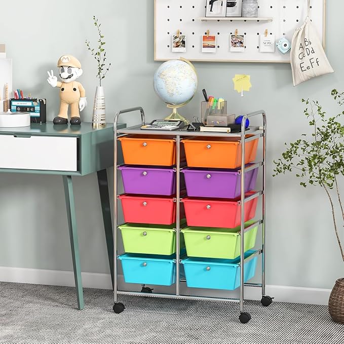 10 Drawer Rolling Cart, Storage Cart Organizer on Wheels, Drawer Cart with Metal Frame & Large Storage Capacity, Rolling Cart with Drawers for Living Room Classroom, Office