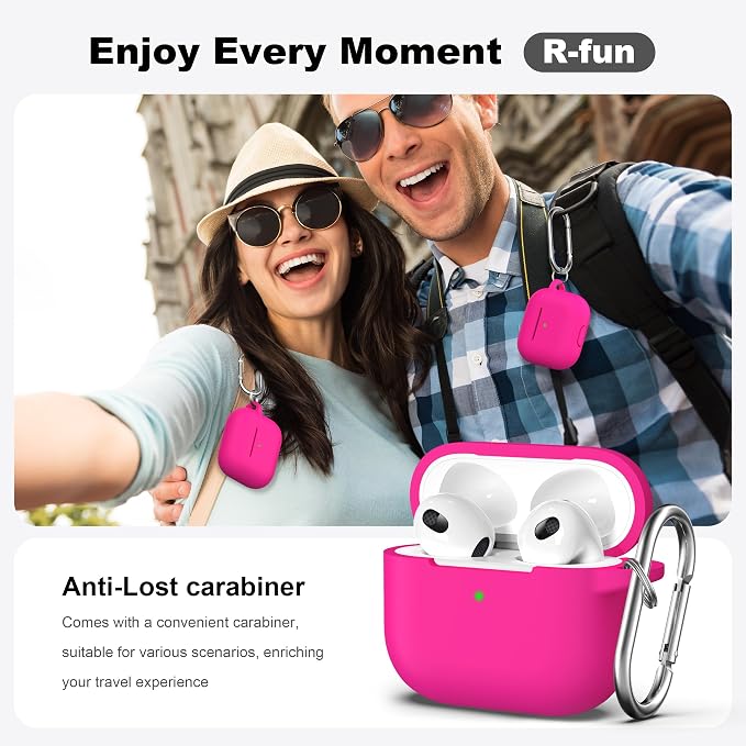 R-fun Compatible with AirPods 3 Case Cover, Silicone Protective Accessories Skin with Keychain Compatible with Apple AirPod 3rd Generation 2021 for Women Men Girls Boys,Front LED Visible,Rose Pink