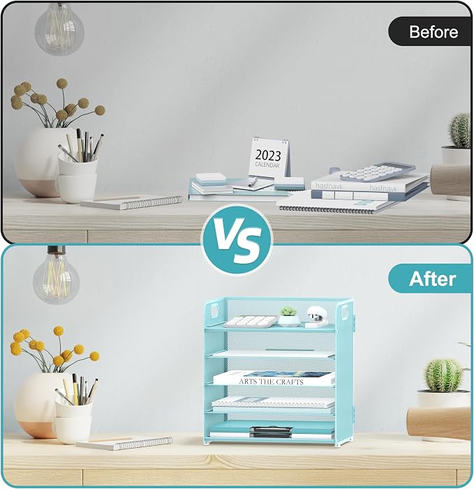 5 Trays Paper Organizer Letter Tray with Handle-Mesh Desk File Organizer, Paper Sorter Desk Organizer for Office, Home or School (Light Blue)