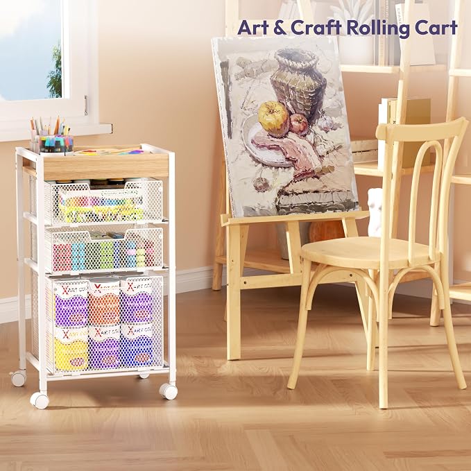 SWTYMIKI Rolling File Cart with Drawers - 4 Tier Under Desk Storage Craft Rolling Organizer Cart - Office Storage &Organization, Mobile Metal Filing Cabinet for Office and Home White