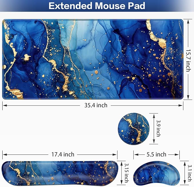 Desk Mat Blue, Large Gaming Mouse Pad with Wrist Rest, 4in1 XXL | Mousepad+Keyboard Wrist Rest+Mouse Pad Wrist Support+Cup Coaster Set Ergonomic Computer Desk Arm Wrist for Decor Office Women