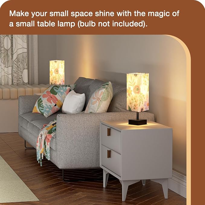 aooshine Small Bedside Table Lamp for Bedroom - Square Floral Fabric Shade | Inline Rocker Switch, Corded Electric, Bulb Not Included, 12.8" Mini Table Lamp for Nightstand, Desk, Dorm, Office