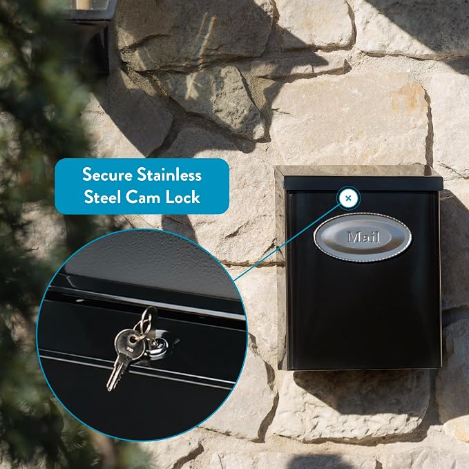 Architectural Mailboxes Designer Galvanized Steel, Locking Wall Mount Mailbox, Black with Satin Nickel