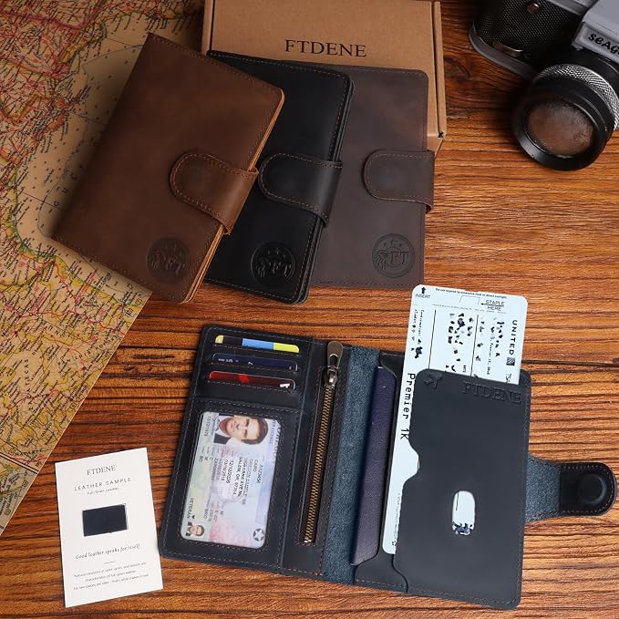 Passport Wallet for Men, Full Grain Leather Passport Holder, AirTag Slot | 2-3 Passport Capacity, Slim for Travel, Multiple Pockets, Magnetic Closure, RFID Blocking, Card Slots, Men & Women, Blue