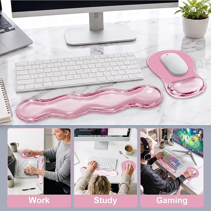 Keyboard Wrist Rest & Ergonomic Mouse Pad with Wrist Rest Set, Cute Transparent Gel Wrist Rest for Keyboard and Mouse, Soft Support for Pain Relief, Office, Gaming Desk Accessories（Pink）