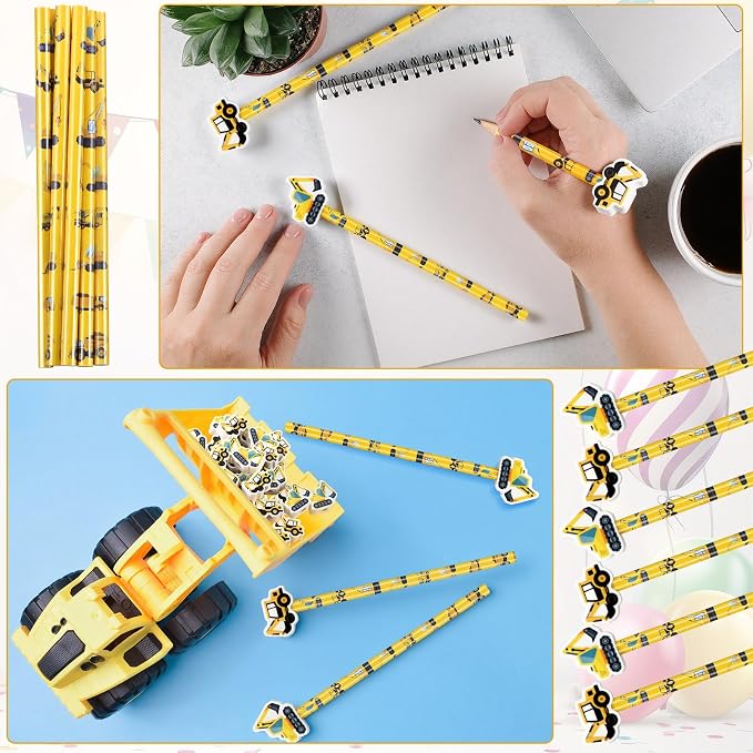 32 Pcs Construction Pencil with Eraser Excavator Truck Construction Party Favors Stationery Supplies for School Classroom Exchange Gift Reward Prizes Theme Birthday Party Supplies