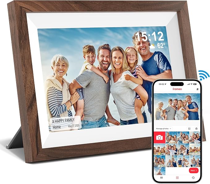 Frameo 10.1" Smart Digital Picture Frame with Walnut Moulding, 16:9 1280p HD IPS Touchscreen Display, 32GB Storage, MicroSD Slot, Plug-in Power, Easy Wireless Photo & Video Sharing, Idea