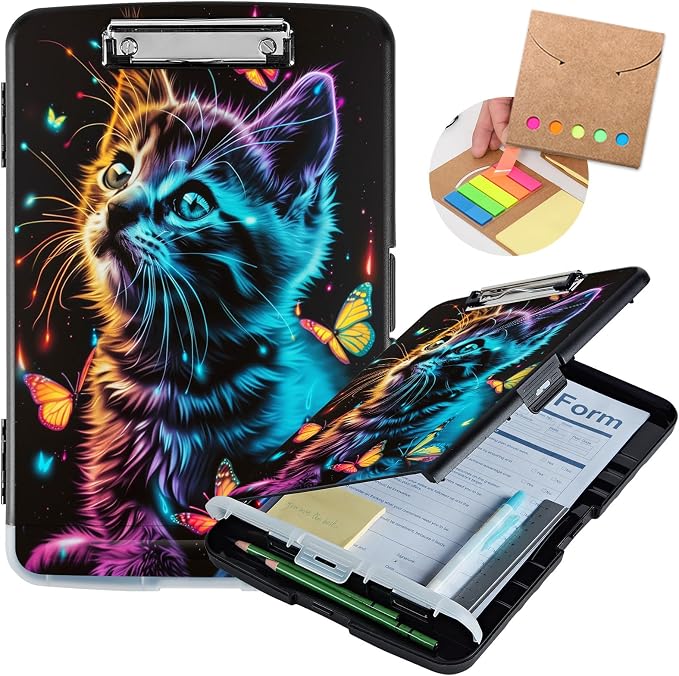 Clipboard with Storage,Storage Clipboard with Pen Holder,Heavy Duty Plastic Storage Clipboard with Low Profile Clip,Teacher Must Haves,Clipboard Folder,Office Supplies,Cat and Butterflies -1349