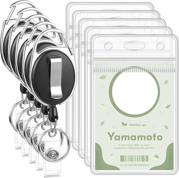 5 Pack ID Badge Holder with Badge Reels Retractable Clip Heavy Duty Vertical Clear ID Card Badge Holders for Work Office Student Nurse