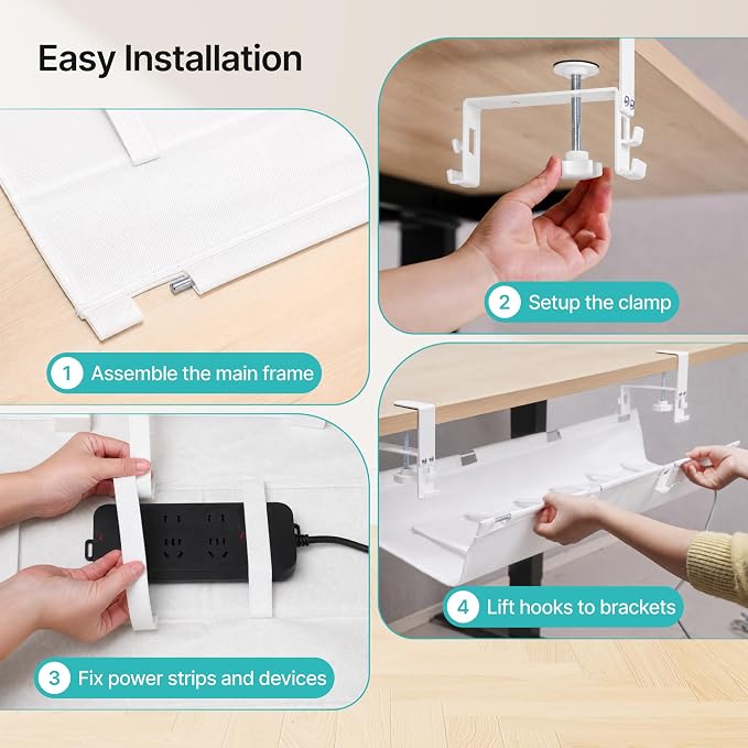 PEGZONE No Drill Under Desk Cable Management Tray, 31.5" Fabric Organizer | Clamp/Screw Premium Mount Cord Holder, for Power Strips, Adapters, with 2 Hooks & 1 Tie Roll for Home Office Gaming, White