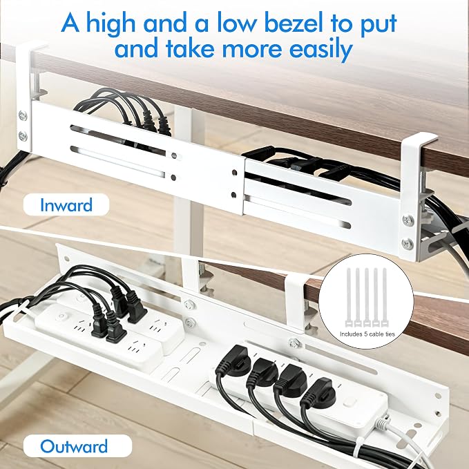 No Drill Under Desk Cable Management Tray, 17”-30” Retractable Cord Organizer for Table, Clamp Mount Wire Basket, Power Strip Holder & Metal Cord Organizer for Office, Home, White