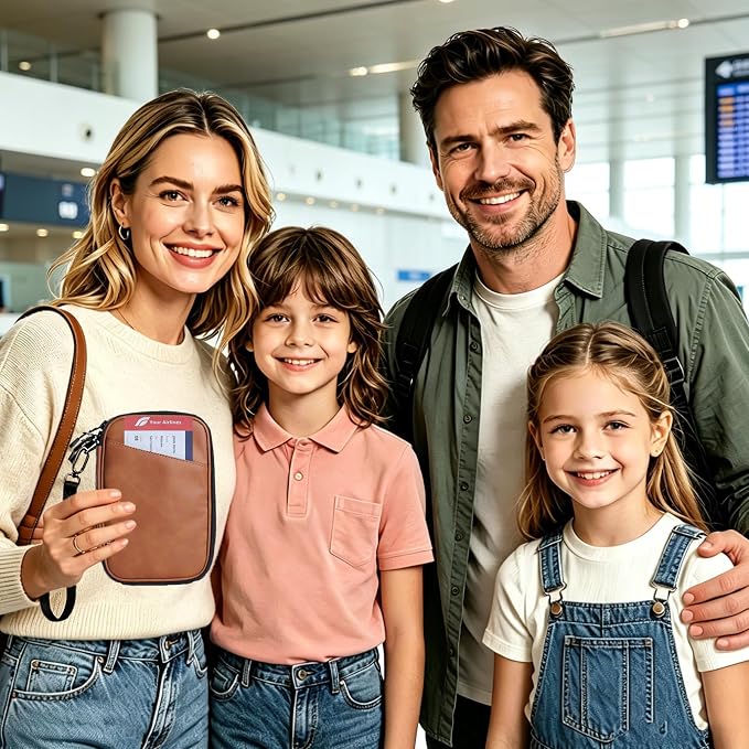 Lagre family passport holder for 4 passport wallet for travel passport cover rfid blocking for women waterproof wallet with zipper airtag passport case for men multiple passport bag (BROWN)