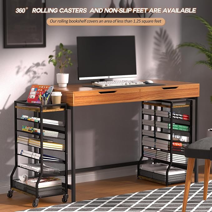 ThreeHio 7 Tier Rolling File Cart with Sliding Trays, Wood Metal File Organizer Beside Desk, Free-Standing File Holder, Paper Letter Tray Organizer Mesh Desk Organizer for Home Office School (Patent)