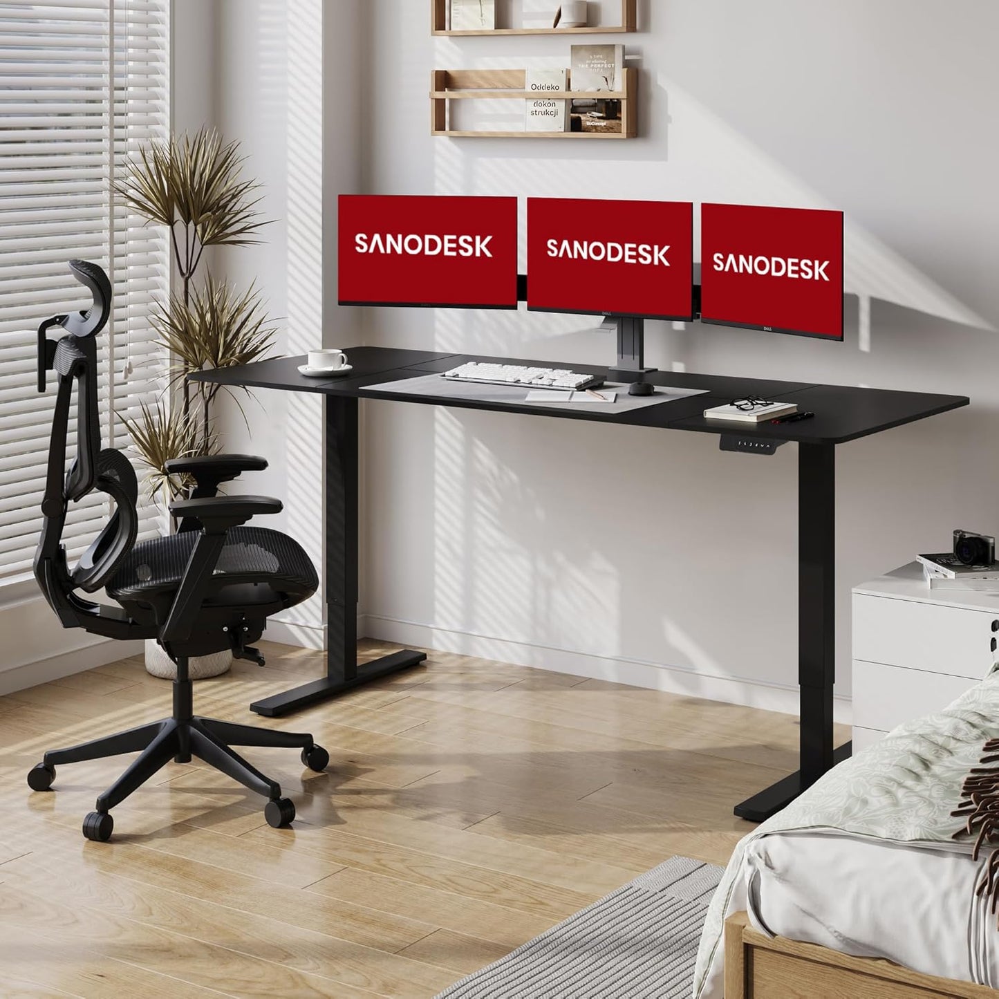 SANODESK Electric Standing Desk 79x32 Inch Height Adjustable Stand Up Desk Home Office Computer Workstation Sit Stand Home Office Desk with Splice Board (Black Frame + Black Top)