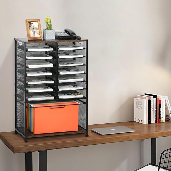 EasyPAG Rolling File Cart with 14 Slot Mail Organizer, Under Desk Storage with Hanging File Rack for Letter/Legal Folders, Mobile Filing Cabinet Printer Stand for Office Home Classroom, Black