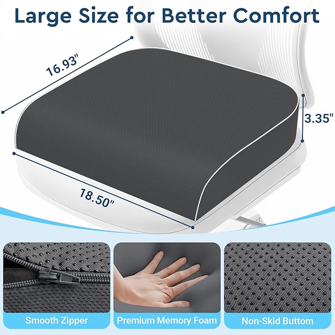 Seat Cushion, Memory Foam Office Chair Cushions for Long Sitting Hours, Chair Pad for Sciatica, Coccyx, Tailbone, Hip Pain & Pressure Relief, Office, Home, Car Seats,Airplane, Gray/X-Large
