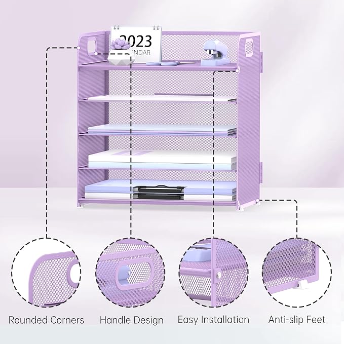5 Trays Paper Organizer Letter Tray with Handle-Mesh Desk File Holders, Paper Sorter Desk Organizer for Office, Home, Classeoom or School, Purple