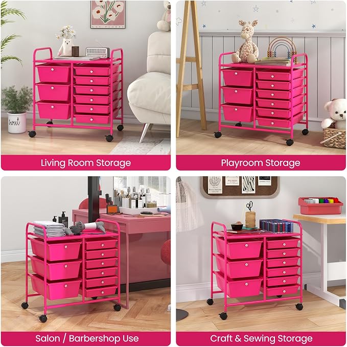 COSTWAY Rolling Storage Cart with 9 Drawer, Utility Cart with Metal Frame | Mobile Art Supply Craft Organizer, Multipurpose Storage Organizer for Paper, Office, School Teacher, Classroom, Hot Pink