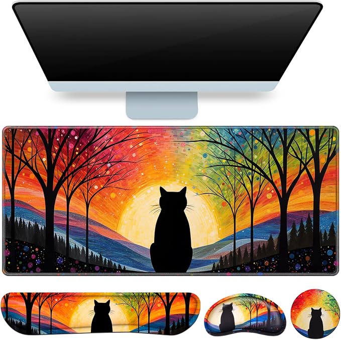 Mouse Pad with Wrist Rest Black Cat, 4-in-1 Large Mousepad Keyboard | Wrist Rest+Mouse Pad Wrist Support+Cup Pad Set,Ergonomic Mousepad,Memory Foam Desk Mat for Home Office Gaming(35.4×15.7in)