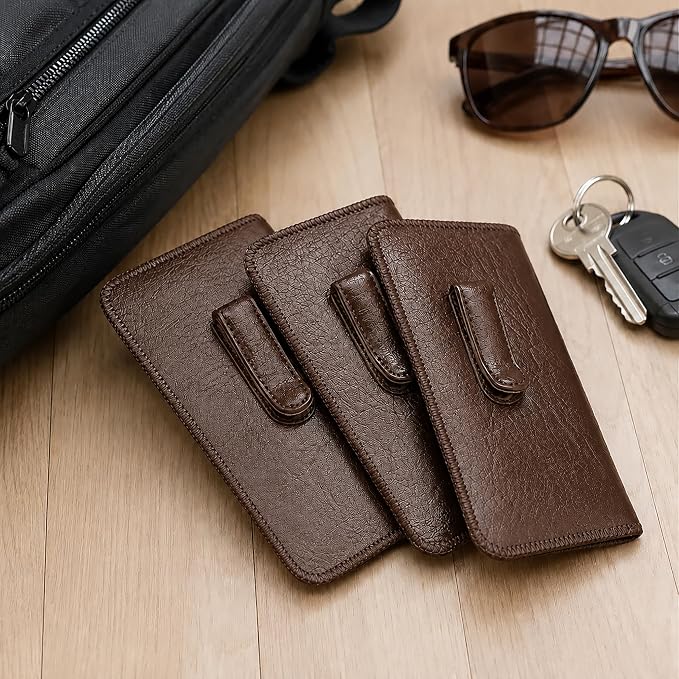 Calabria Soft Slip-In Glasses Case Pocket Metal Clip Brown (4 Pack) for Men/Women Synthetic Leather Felt Lining 6.5"x3"