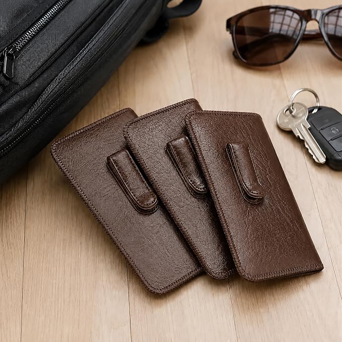 Calabria Soft Slip-In Glasses Case with Pocket Metal Clip Brown for Men/Women Synthetic Leather Felt Lining 6.5"x3"