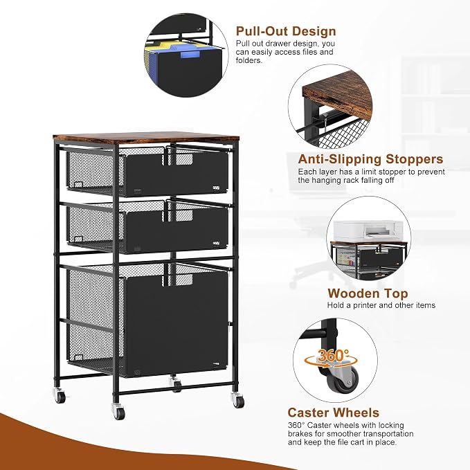 EasyPAG Rolling Storage Cart with 3 Drawers, Under Desk File Cabinet on Lockable Wheels, Movable Letter Size Hanging File Folder Organizer with Wooden Printer Stand for Home Office, Black