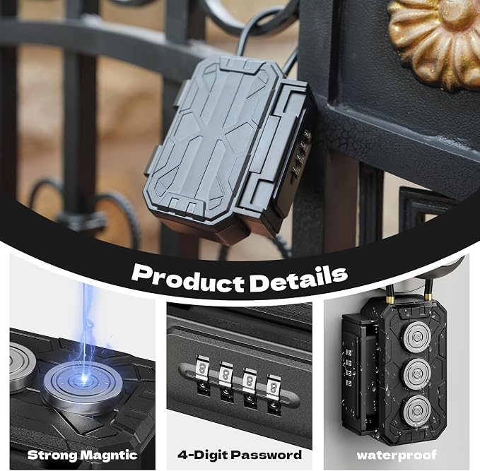 Magnetic Key Lock Box with Removable Cable Shackle Indoor Outdoor Waterproof 4 Digit Combo Resettable Code,Key Lockbox for Outside Spare Keys for Realtors Key Cabinets,Hide a Key Holder Under car