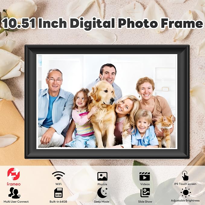 10.51 Inch WiFi Digital Picture Frame with Touch Screen | 64GB smart picture frame with 1920x1280 100% sRGB IPS display. Supports Frameo App for 5G/Instant photo & video sharing.