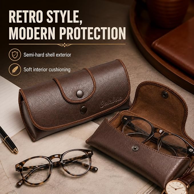 Calabria Double Snap Belt Loop Eyeglass Case PU Leather Brown Old School Vintage Eye Glasses Pouch Semi-Hard Sunglass Holder - 100PACK
