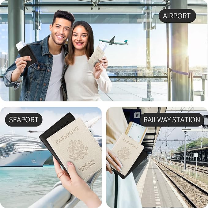 2 Pack Passport Cover With Card Slots RFID Blocking-White&Black | PU Leather Lightweight slim travel passport cover wallet with 4pcs RFID Blocking Credit/ID card slots