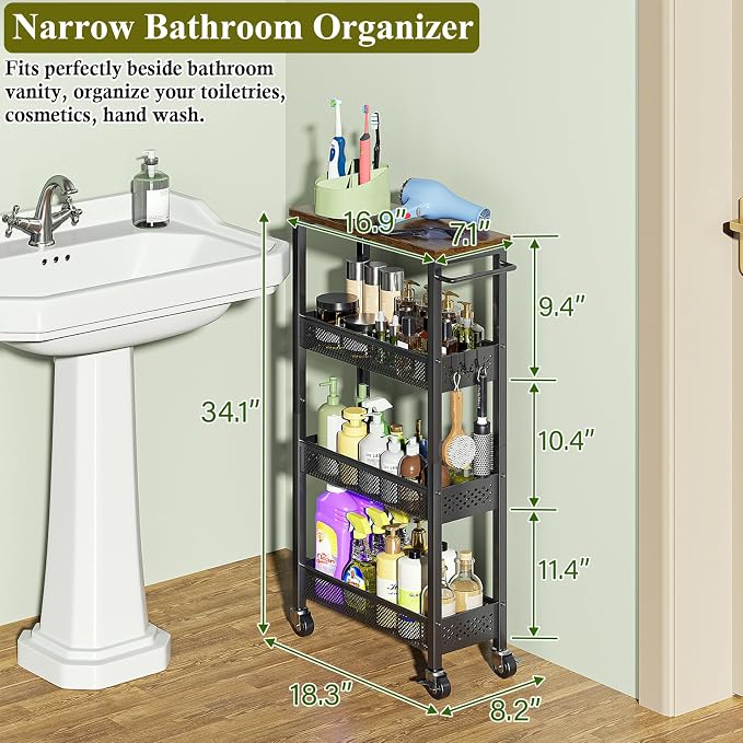 OKZEST 4-Tier Slim Rolling Storage Cart for Kitchen, Laundry Room, Bathroom | Upgraded metal hub casters, Narrow utility cart for small space/gaps, Premium wood top & metal mesh shelf, with handle & hook