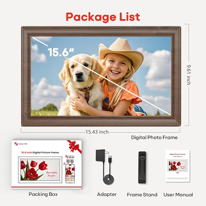 64GB 15.6" Frameo Digital Picture Frame WiFi, Large Electronic Photo Frames Wood 1920 x 1080 IPS FHD Touch Screen, Send Photos from Your Phone from Anywhere, Best Gifts for Family and Friends