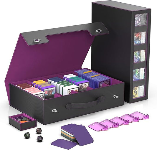 Kabinka Trading Card Storage Box with Handle & Mechanical Latch,5-Row 3900+ Commander MTG Card Case with Sealed Window,Top Loaders Organizer Deck Box for MTG/TCG/PTCG/Sports Cards (Black Purple)