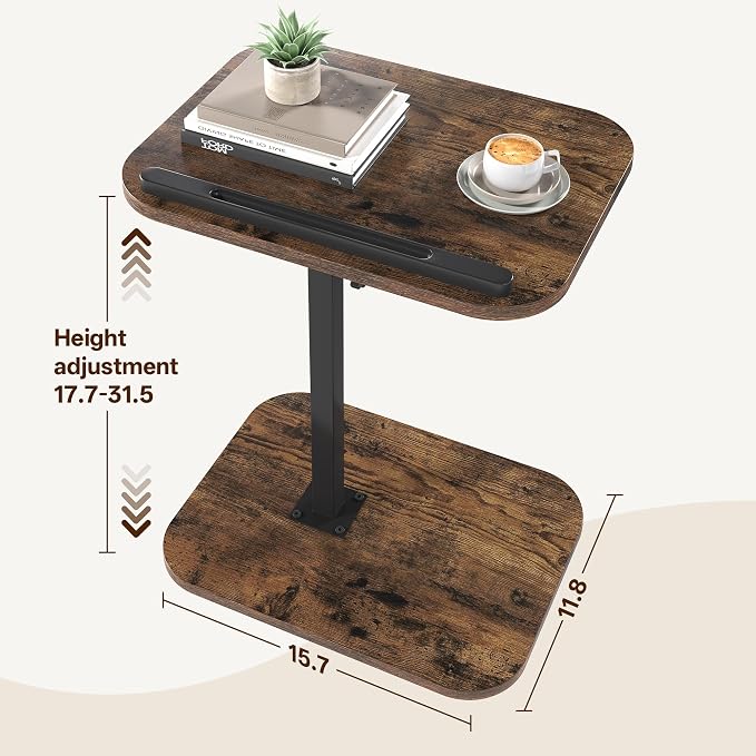 TV Tray Table, Sofa Side Armrest Tray, C Shaped End Table | Adjustable Height, Flip-Top, Snack Side Table with 360° Swivel and 180° Tilt, for Couch, Small Spaces, Bed, Chair, Brown