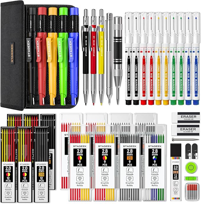 STAGEEK 49 Pack Carpenter Pencils Set With 164 Refills | Construction Pencil, Deep Hole Long-Nib Marker Pens, Automatic Center Punch and Carbide Scribe Tool for Woodworking with Case