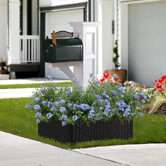 SUNNYPARK Mailbox Post Wrap Planter Box 24x24x12inch | Handmade All-Weather PE Rattan, Easy Assembly, Fits for 4x4 6x6 Posts, Flower Planter Box Decorative for Mailbox Post Outside