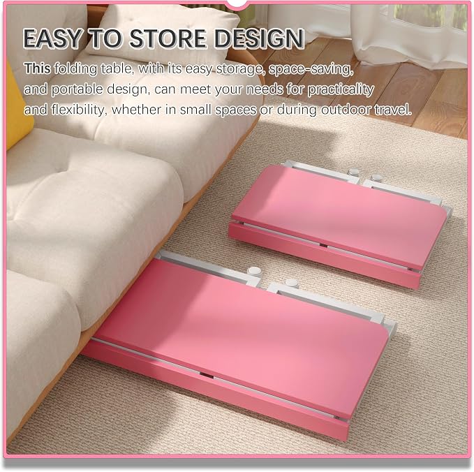 4NM No Tool Assembly 23.6" Small Desk, Folding Portable Desk with Wheels, Adjustable Height Foldable Computer Home Office Desks, Collapsible Study Writing Table for Space Saving Bedroom - Pink White