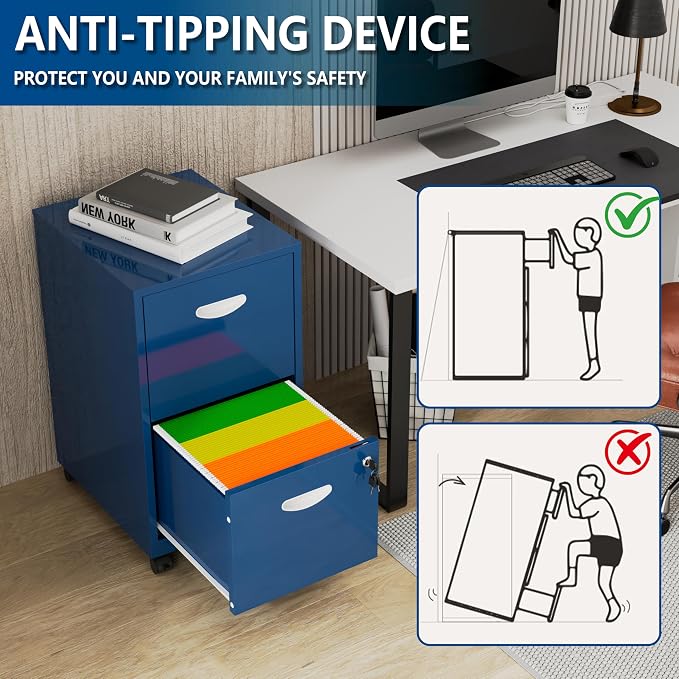 Polup 2 Drawer Rolling File Cabinet with Lock for Home Office | Metal Mobile Filing Cabinet on Wheels, Small Under Desk Storage, Fits Hanging Letter Size, Printer Stand, Blue