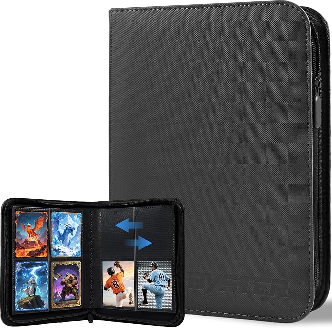 BYSTER 4 Pocket Card Binder, Premium PU Trading Card Binder with Zipper, 160 Capacity Side-Loading Binder for TCG, MTG, Sports Cards, Game Cards, Black