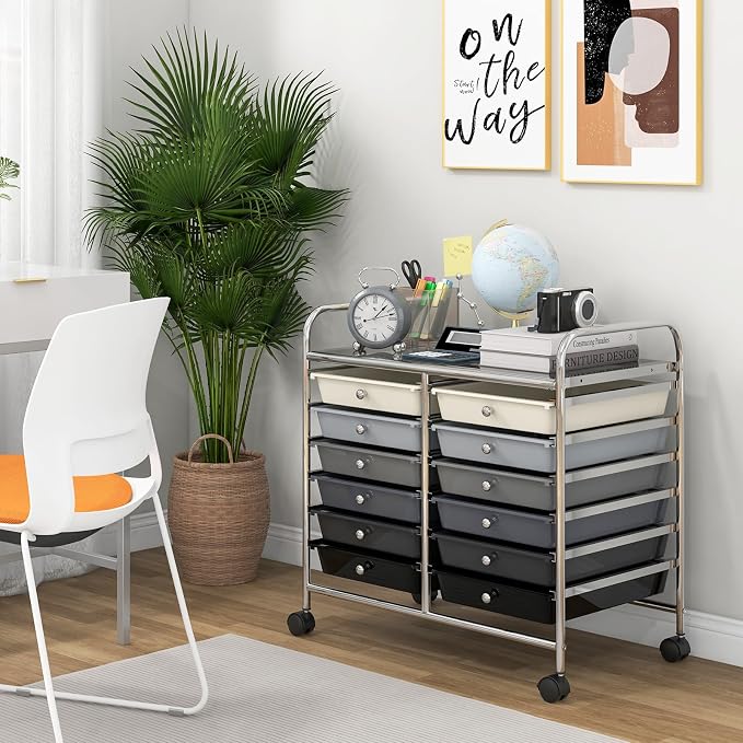 COSTWAY 12-Drawer Rolling Storage Cart, Utility Storage Organizer Cart | For Tools, Scrapbook, Paper, Craft, Multipurpose Art Supply Organizer on Wheels for Home Office School, Teacher, Mixed Black