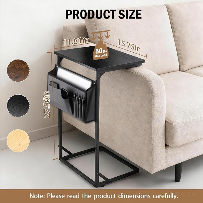 C Shaped End Table for Couch, Small Side Table for Living Room & Bedroom, Slide Under Sofa Table for Laptop, Coffee, Snacks, Easy Assembly, Modern Design