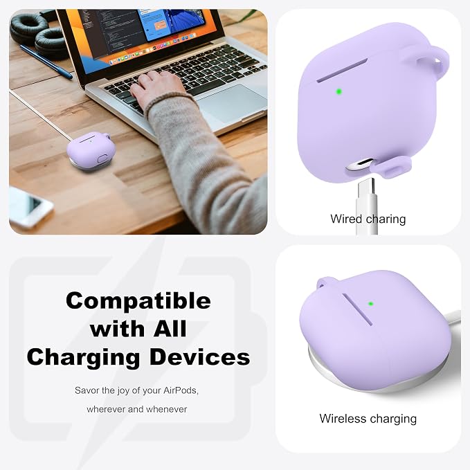 R-fun Compatible with AirPods 3 Case Cover, Silicone Protective Accessories Skin with Keychain Compatible with Apple AirPod 3rd Generation 2021 for Women Men Girls Boys,Front LED Visible,Banana violet