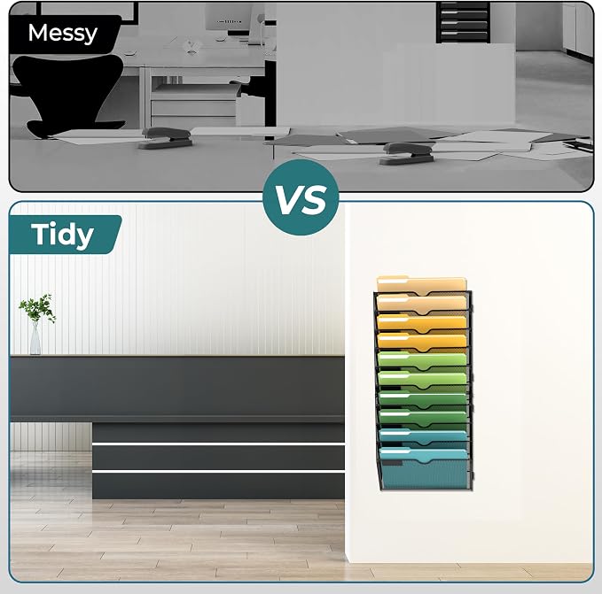 10 Tier Wall File Organizer, Hanging Wall Mounted Mail Organizer with Label Slots, Metal Mesh File Holder Magazine Rack for Office, Home, School or Classroom, Black