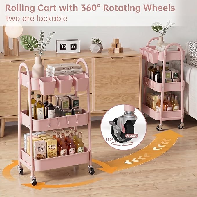 3-Tier Rolling Cart, Utility Cart Mobile Metal Rolling Storage Cart with Lockable Wheels & Hanging Cups & Hooks for Kitchen, Bathroom, Office, Workshop, Pink