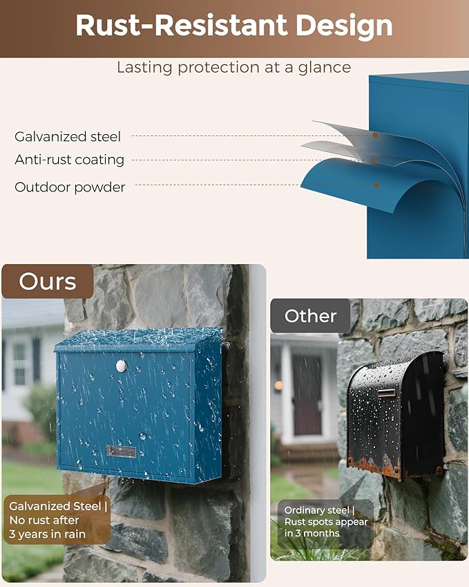 LAND·VOI Locking Wall-Mount Mailbox for Outside, with 4 Keys, Galvanized Steel Rustproof Metal Postbox, 4" Dx13.8 Wx11.2 H, Includes 3 Sets of Mailbox Numbers, Nameplate, Blue