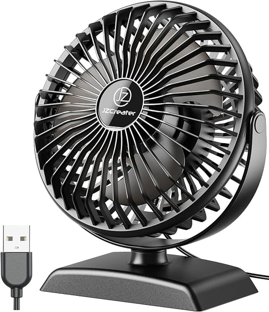 JZCreater USB Desk Fan, USB Fan Mini, 360 Rotation Desktop Fan with 3 Speed, Table Personal Cooling Fan, Quiet Mini Desk Fan, USB Powered, Small Fan for Home Office Bedroom Car Travel,Black+Black