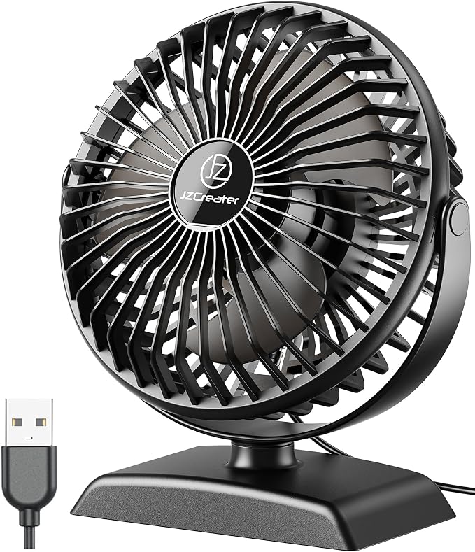 JZCreater USB Desk Fan, USB Fan Mini, 360 Rotation Desktop Fan with 3 Speed, Table Personal Cooling Fan, Quiet Mini Desk Fan, USB Powered, Small Fan for Home Office Bedroom Car Travel,Black+Black