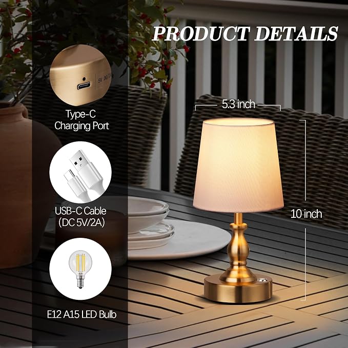 Mini Cordless LED Table Lamp, 5200mAh Rechargeable Battery Operated Lamp, 3-Level Brightness, Touch Dimmable Desk Lamp, Bedside Night Light for Patio Camping Restaurant Home, Antique Brass