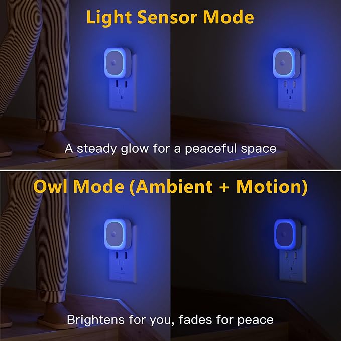 YUNLEX 2 Pack Plug in Night Light with Motion Sensor & Dusk to Dawn Sensor, 3 in 1 Blue Night Lights Plug into Wall, Dimmable Nightlight for Bathroom, Bedroom