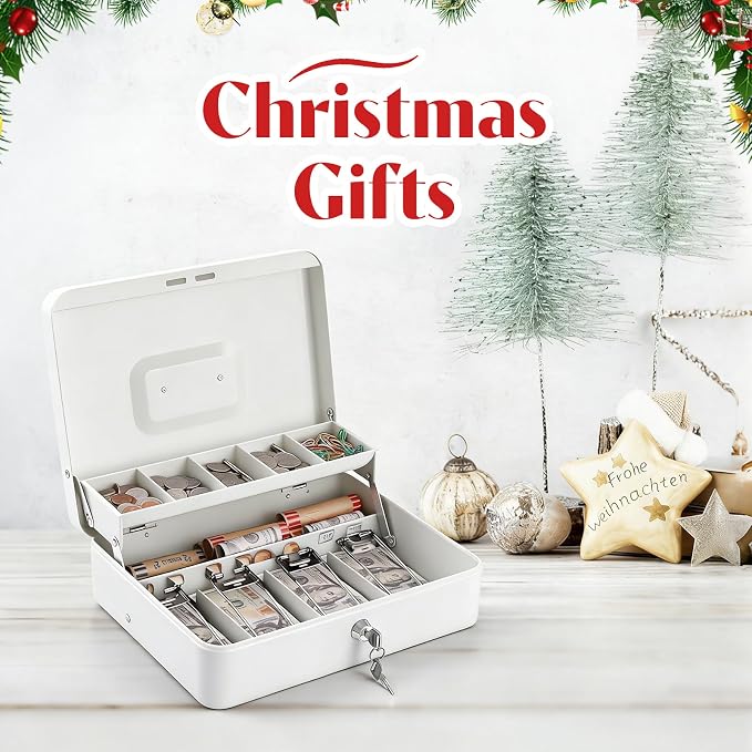 Sumerfnt Cash Box with Lock and Money Tray Money Box for Cash, Metal Lock Box for Money Cash Register - 11.8" x 9.4" x 3.54" White
